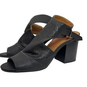 Jellypop black heeled sandals with perforated cutout upper, open toe, slingback